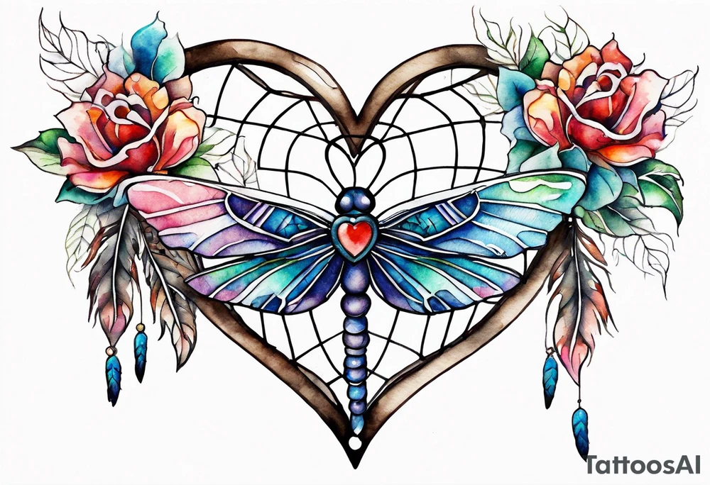 Watercolor tattoo of heart shaped dream catcher with cross going through the heart. Dragonfly flying on side tattoo idea