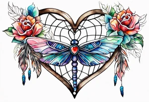 Watercolor tattoo of heart shaped dream catcher with cross going through the heart. Dragonfly flying on side tattoo idea