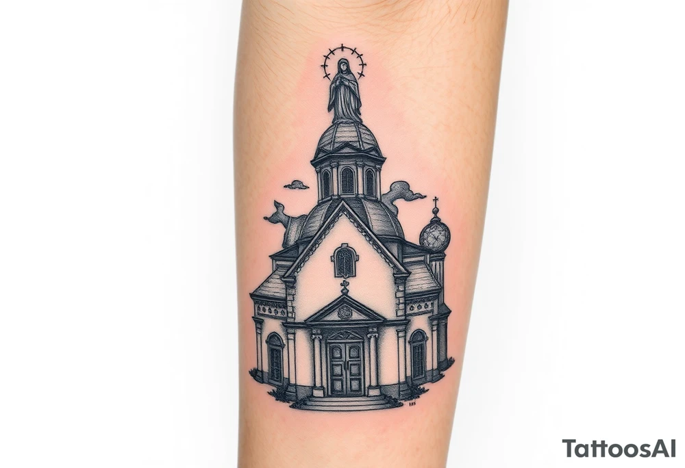 in a dorsal view a detailed orthodox church shrouded with a mist above and fading into a virgin mary overlooking above at the top tattoo idea