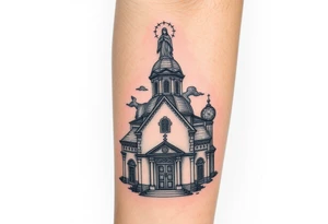 in a dorsal view a detailed orthodox church shrouded with a mist above and fading into a virgin mary overlooking above at the top tattoo idea