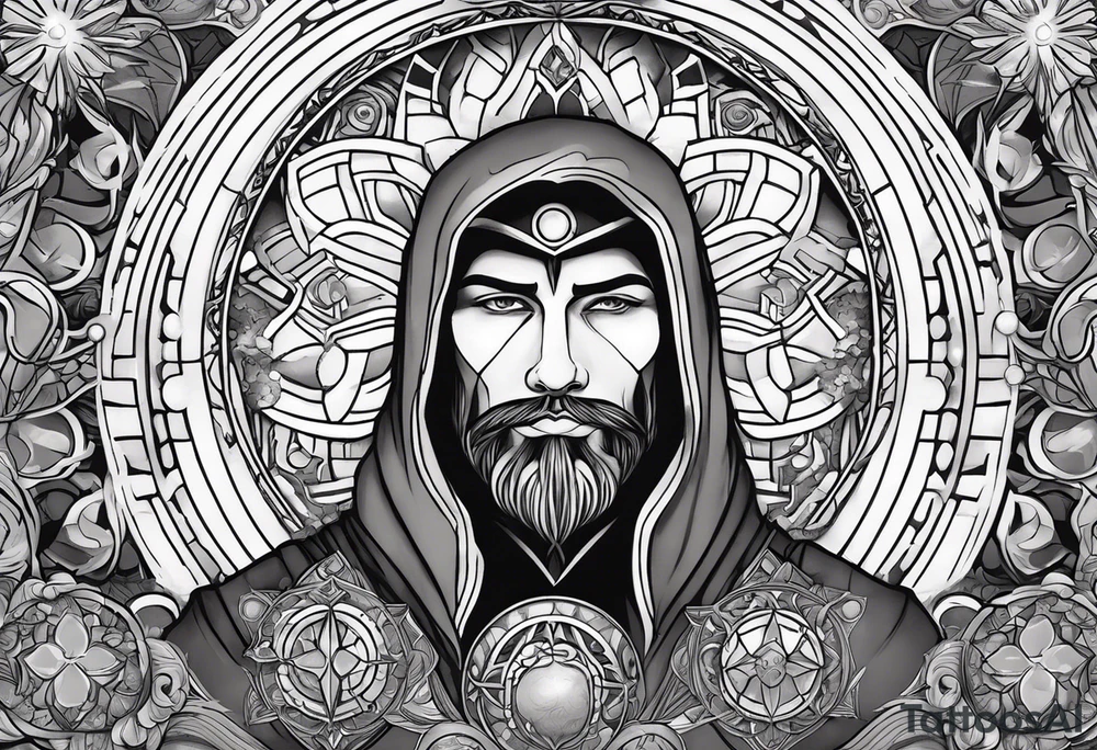 Jehovah looking out at the marvels of his creation from the atoms to the galaxy and celestial beings. With grey wash and a fantasy theme. Jehovah has to be a character who is so majestic, charismatic, immensely powerful. There isnt a single thing he isnt capable of doing. Infinitely powerful tattoo idea