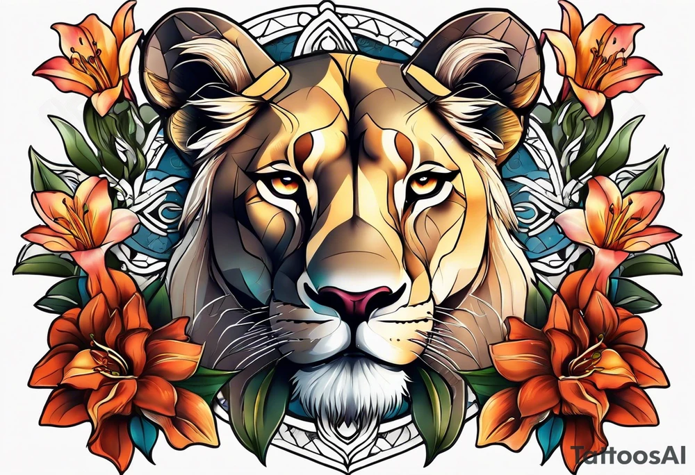 Lioness with lilies tattoo idea