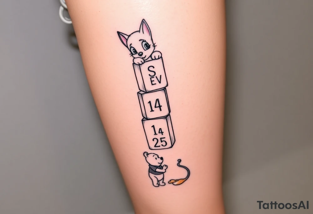 a thigh tattoo with alphabet blocks going down vertically stacked crooked on the alphabet blocks,the name S E V Y N is alternated on the sides of all five blocks and 07 14 25 is alternated on the other sides of the blocks as well and on the top of the blocks Marie from the Aristocats peeking looking showing her eyes, and her bow on her head and her front pause and then on the bottom block Winnie the Pooh standing on the ground, reaching up on the block for the honey that’s spilling off the side and on the left side then not on the blocks to say 6 ounces 12 pounds 20 inches all lined up in a column going vertically starting with the 6 ounces 12 pounds and 20 inches in that order and then on the right side, not touching the blocks to say 3:51 AM. tattoo idea