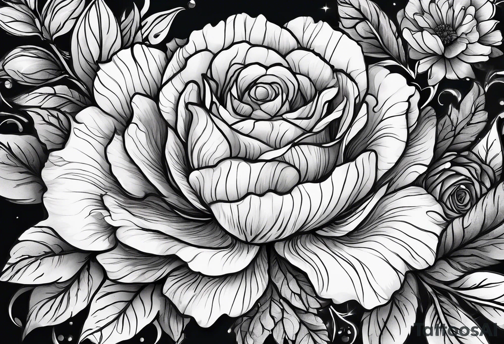 create delicate sketch of a floral tattoo with roses and marigold flowers tattoo idea