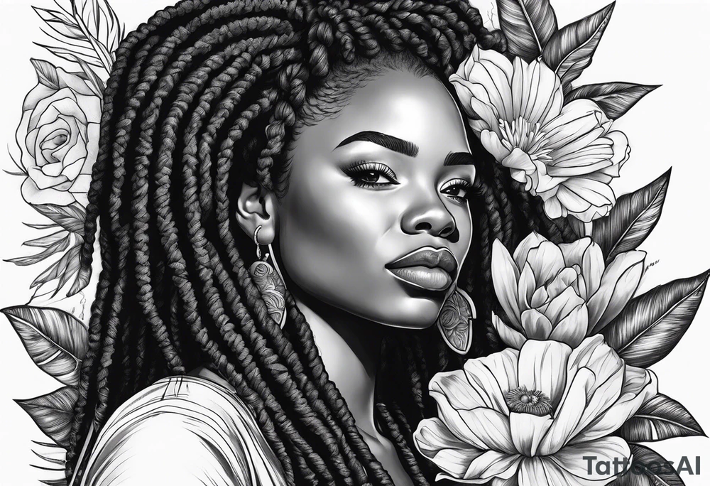 Black Woman with locs and flowers tattoo idea