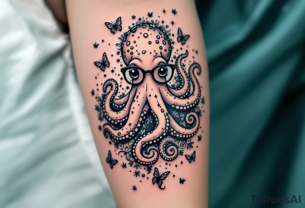 cute octopus, wearing glasses, friendly, surrounded by butterflies and oceanic items, grey ink, monochrome grey color tattoo idea