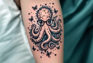 cute octopus, wearing glasses, friendly, surrounded by butterflies and oceanic items, grey ink, monochrome grey color tattoo idea