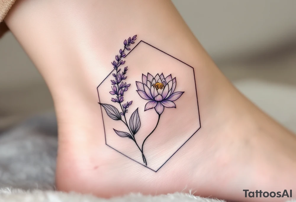 Leo, larkspur and water lily surrounded by a hexagon tattoo idea