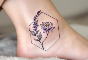 Leo, larkspur and water lily surrounded by a hexagon tattoo idea