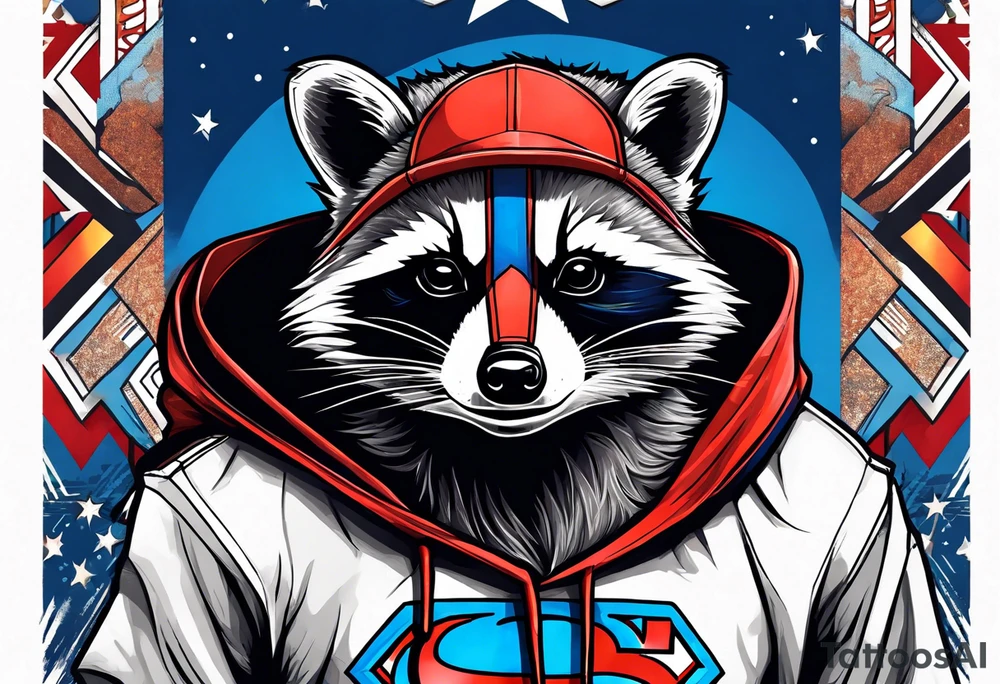 raccoon wearing a Superman hoodie tattoo idea