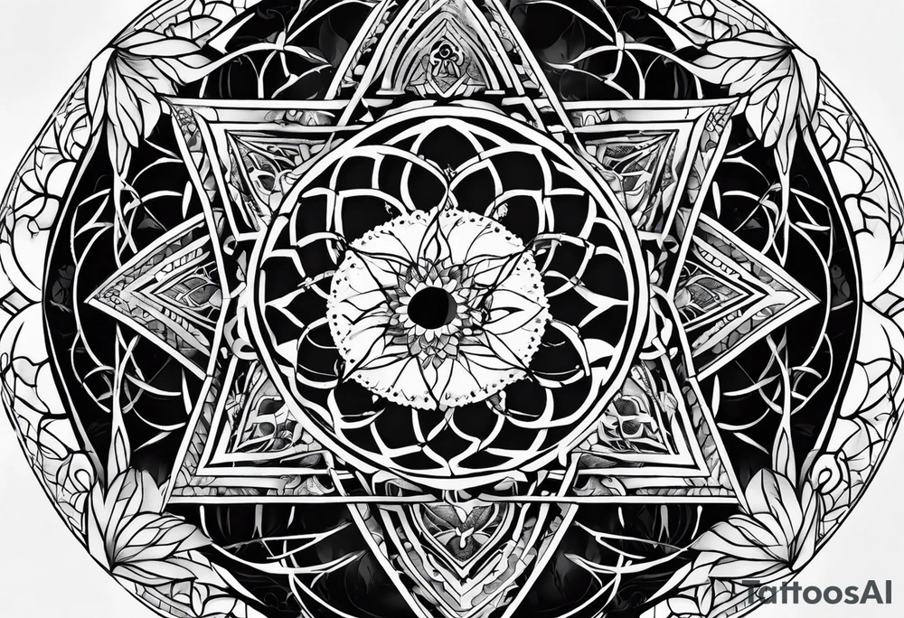 sleeve tattoo for women with symbols of sacred geometry: Metatron's cube, Kabbalah tree of life tattoo idea