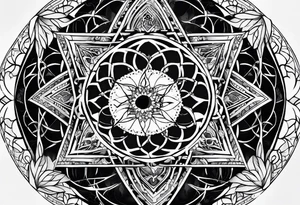 sleeve tattoo for women with symbols of sacred geometry: Metatron's cube, Kabbalah tree of life tattoo idea