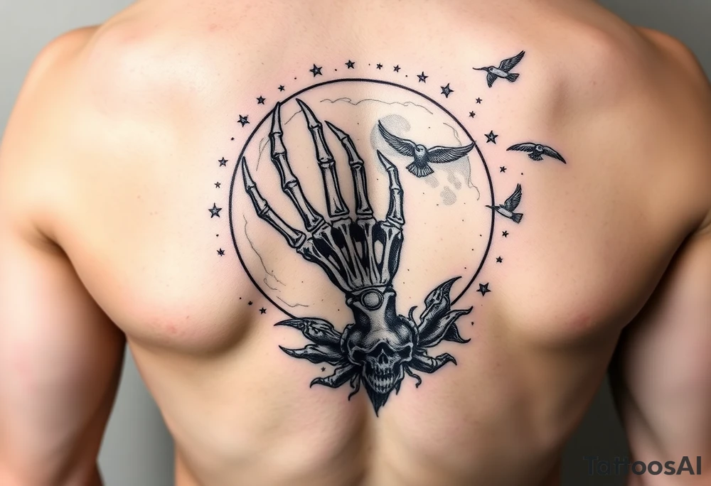 zodiac cancer skeletal hand snile with fangs on a fyull bloody moon surrounded by dead birds and a hellish starry sky tattoo idea