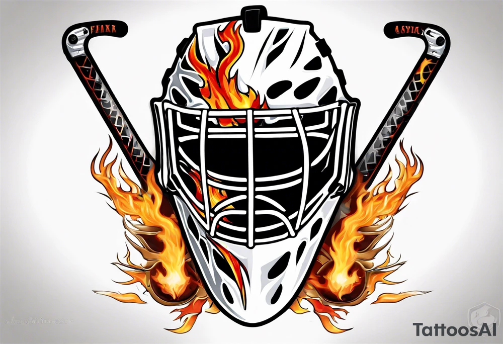 a goalie mask with crossed hockey sticks and flames "SHOT HOCKEY" tattoo idea