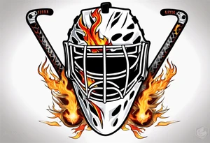 a goalie mask with crossed hockey sticks and flames "SHOT HOCKEY" tattoo idea