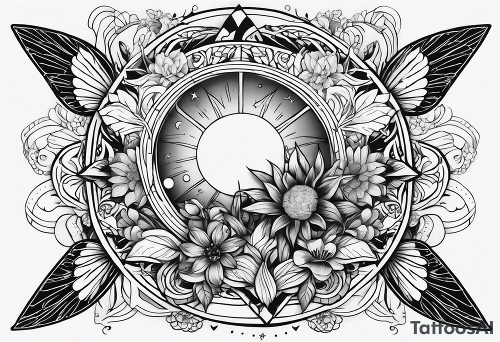 Design a sleeve arm tattoo that symbolizes power, peace and love with the sun and moon and with flowers and butterflies but also shows masculinity tattoo idea