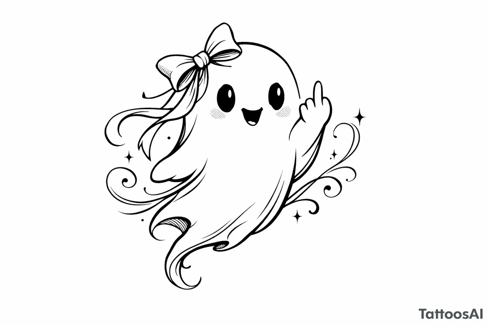 Playful ghost with a ribbon, middle finger raised, minimalist design. tattoo idea