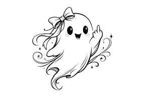 Playful ghost with a ribbon, middle finger raised, minimalist design. tattoo idea