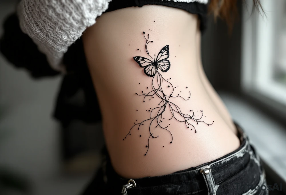 A delicate, large-scale fine line tattoo on the side torso of a woman with fair skin, extending from the ribs to the hip. The design features flowing, abstract organic lines resembling underwater seaweed or jellyfish tentacles, with soft curvature and elegant movement. The black ink lines are thin and airy, creating a sense of fluidity and lightness. The tattoo combines abstract botanical and marine influences, with a sensual, feminine, modern aesthetic butterfly. Photorealistic style, high detail, natural lighting, soft shadows. tattoo idea