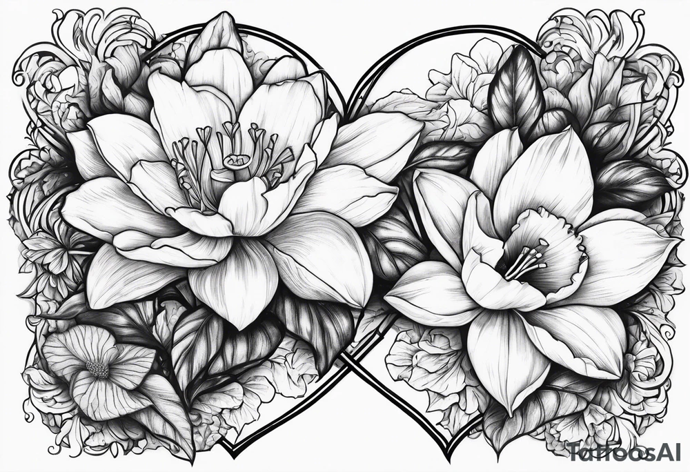 A daffodil a water lily and a morning glory in a heart tattoo idea