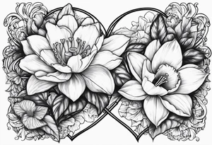 A daffodil a water lily and a morning glory in a heart tattoo idea