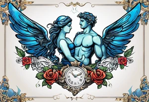 Cupio fly boy wings and a bow,, bacground sea ancient rome gods , blue roses frames tattoo idea