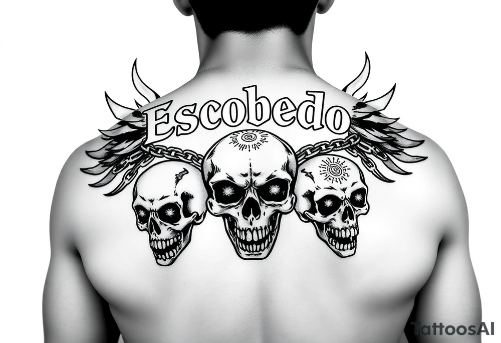 Upper back tattoo in stark emo-punk linework. ‘Escobedo’ carved bold and clean across the shoulders. Black flame arcs rise behind it like wings—sharp, negative space-driven. Between the flames, loose chains drape with motion. Three skulls: cracked on the left, snarling in the center, screaming on the right. Each skull etched with fine Aztec-inspired marks—sunbursts, dots, and sacred lines. No color. No shading. Just fire, bone, and steel inked in symmetry. tattoo idea