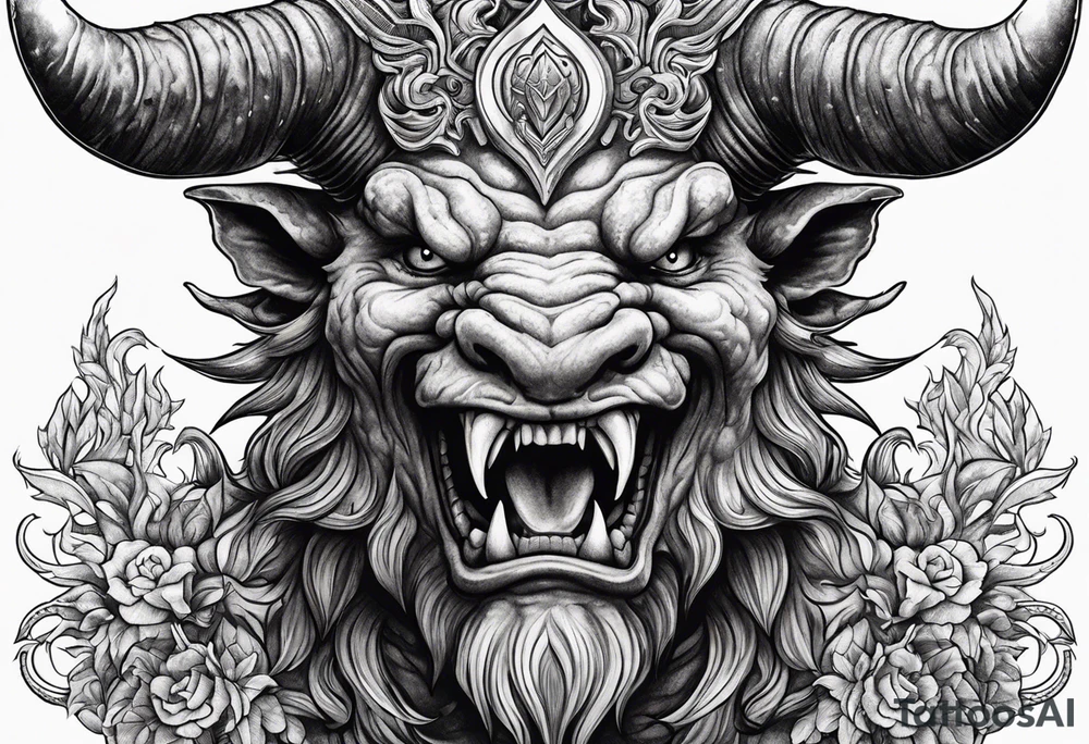 Horned Devil fighting looking up to the sky tattoo idea