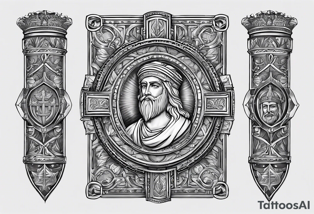Crate a forearm tattoo. Theme is the byzantine empire. Include byzantine iconography, haha Sophia, Constantinople, famous emperors like justinian, Constantine, basil and eeference to the byzantine army such as heavy calvary cataphracts. tattoo idea