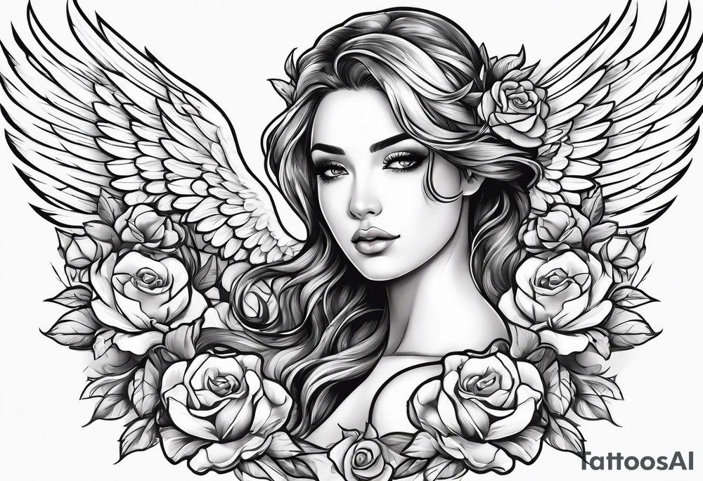 Beautiful woman angle with wings standing surrounded by roses tattoo idea