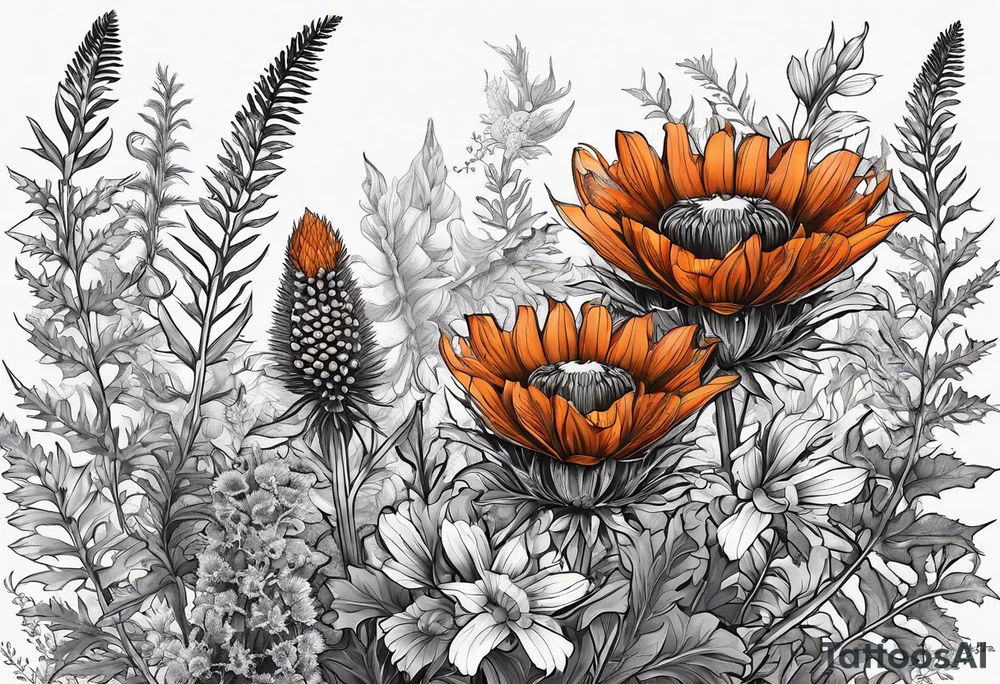 wildflower horizontal with thistles, ferns, burnt orange flowers in color tattoo idea