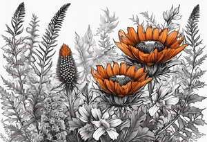 wildflower horizontal with thistles, ferns, burnt orange flowers in color tattoo idea