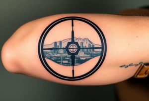 scope crosshairs with eerie Los Angeles city horizon in background tattoo idea
