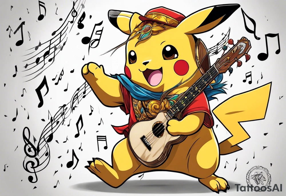 pickachu playing with a lion with music notes and thunder bolts tattoo idea