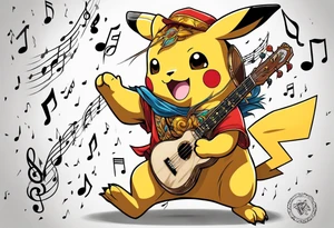 pickachu playing with a lion with music notes and thunder bolts tattoo idea