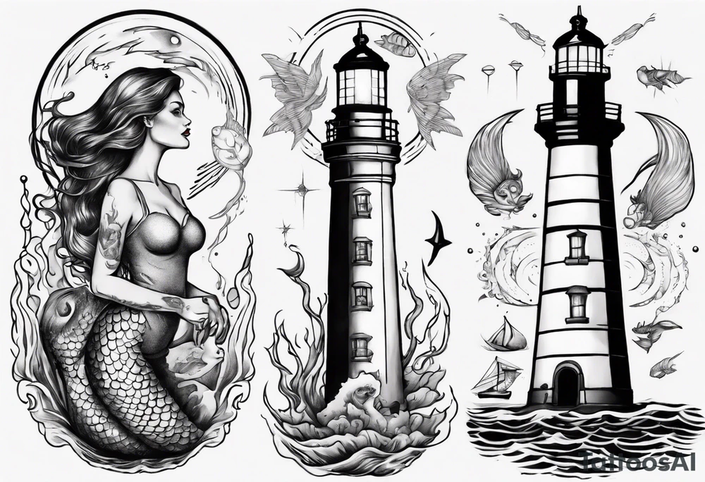 Mermaid looking at lighthouse tattoo idea
