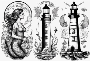 Mermaid looking at lighthouse tattoo idea