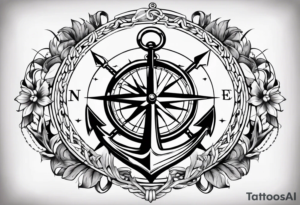 A selucid style anchor in front of a compass with north south east west marked on it and a narrow laurel wreathe wrapped around the compass tattoo idea