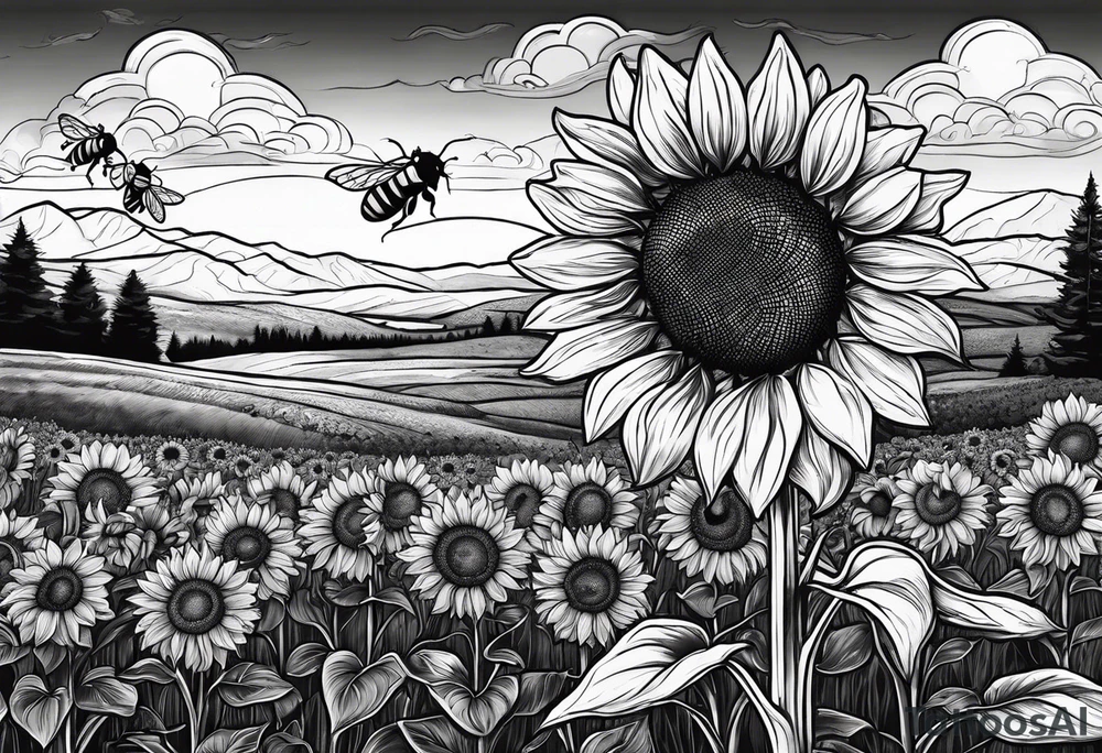 dream like sunflower meadow with distant hills and sunset. two large fuzzy bumble bees occupy the sky with beautiful clouds tattoo idea