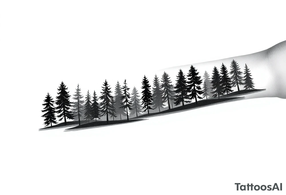 Coniferouse forest silhouette with black and gray trees around the forearm a tattoo tattoo idea
