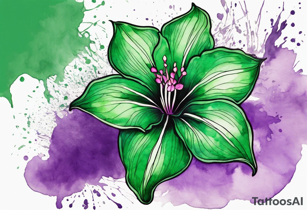 An outline of a green and purple rio dipladenia flower with a mystical green/purple watercolor splash in the background tattoo idea