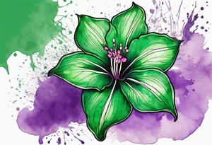 An outline of a green and purple rio dipladenia flower with a mystical green/purple watercolor splash in the background tattoo idea