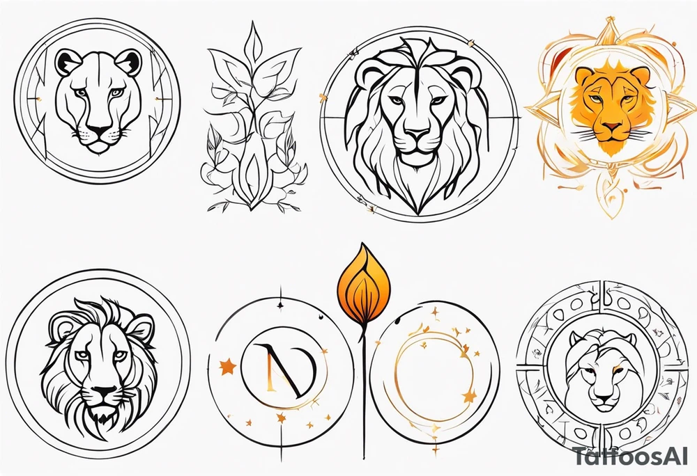 A tattoo in delicate style, so gentle. The symbol zodiac sign, Leo. The sketch should include fire, something delicate like that, and the numbers 7 and 8. With no lion. tattoo idea