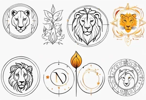 A tattoo in delicate style, so gentle. The symbol zodiac sign, Leo. The sketch should include fire, something delicate like that, and the numbers 7 and 8. With no lion. tattoo idea