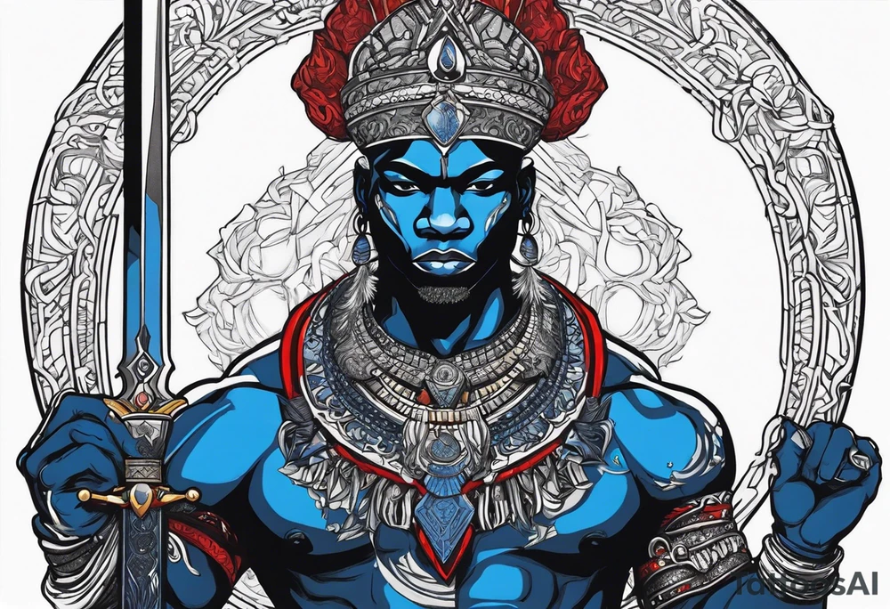 An african god, a bald black-skinned warrior, that uses a sword and a silver crown. He also uses blue and red necklaces tattoo idea