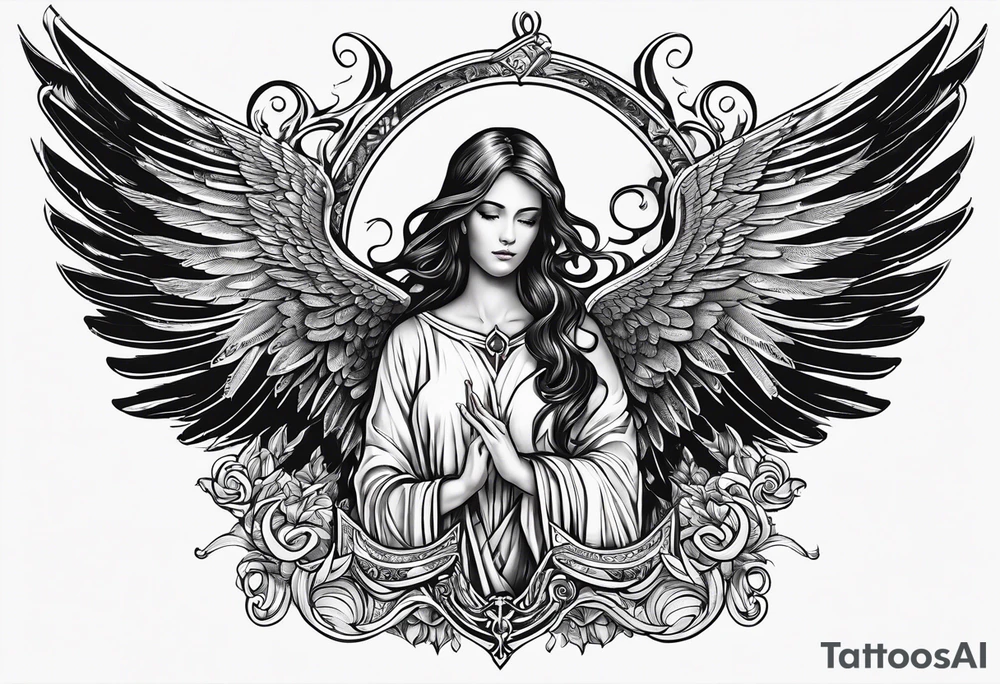 Right wing of an angel wrapping the nam written in gothic letters. tattoo idea