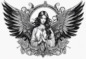 Right wing of an angel wrapping the nam written in gothic letters. tattoo idea