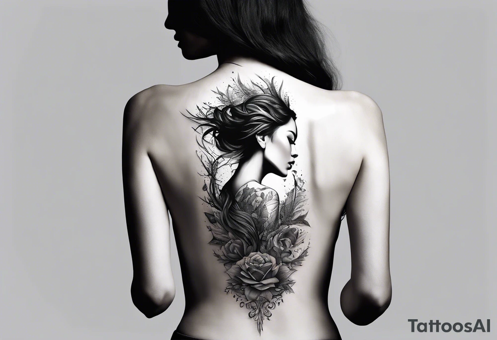 Spine tattoo of a woman trying to reach the surface tattoo idea