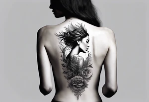 Spine tattoo of a woman trying to reach the surface tattoo idea