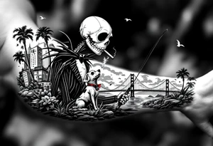 jack skellington with dog,smoking a blunt and fishing,surrounded by city buildings,golden gate bridge, birds, palm trees, tattoo idea